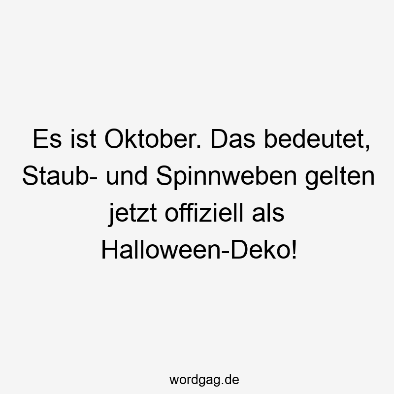 Lustige Sprüche: Halloween - Es ist Oktober. Das bedeutet, Staub- und Spinnweben gelten jetzt offiziell als Halloween-Deko!