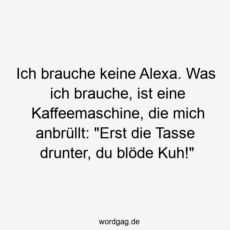 Ich brauche keine Alexa. Was ich brauche, ist eine Kaffeemaschine, die mich anbrüllt: „Erst die Tasse drunter, du blöde Kuh!“