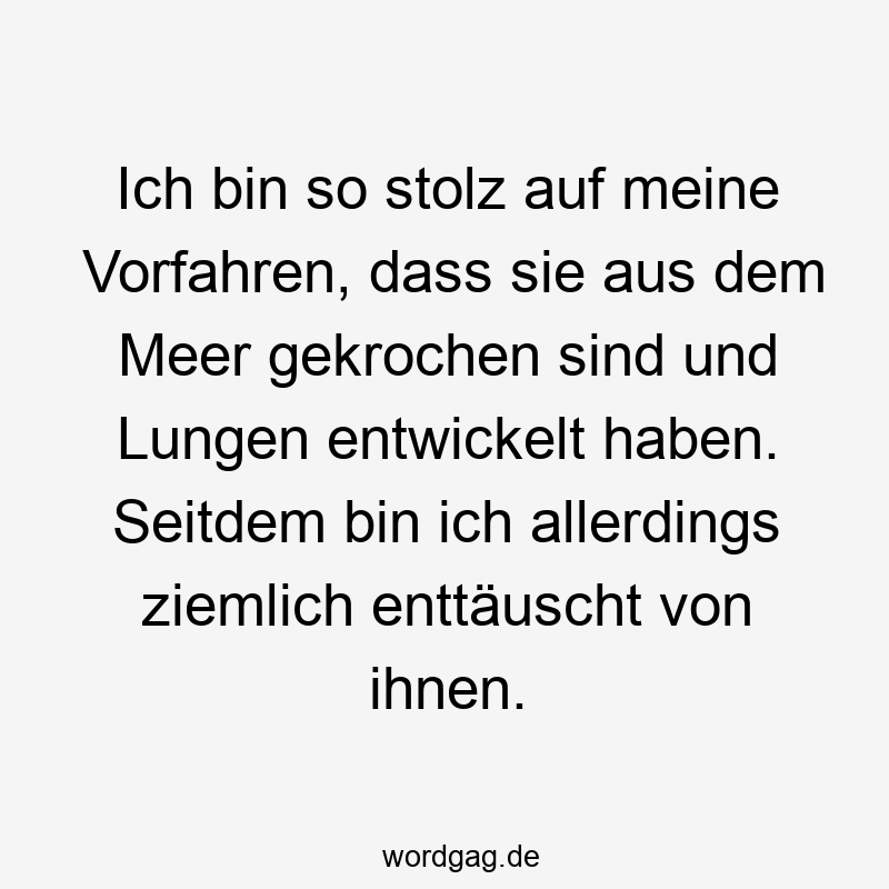 Lustige Sprüche: Vorfahren - Ich bin so stolz auf meine Vorfahren, dass sie aus dem Meer gekrochen sind und Lungen entwickelt haben. Seitdem bin ich allerdings ziemlich enttäuscht von ihnen.