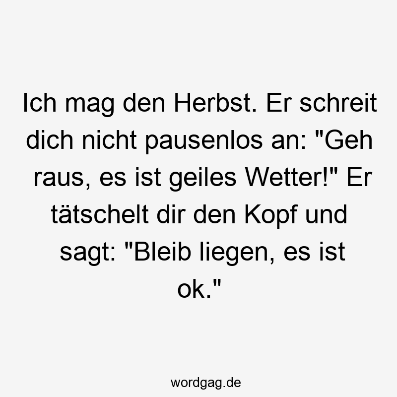 Ich mag den Herbst. Er schreit dich nicht pausenlos an: „Geh raus, es ist geiles Wetter!“ Er tätschelt dir den Kopf und sagt: „Bleib liegen, es ist ok.“