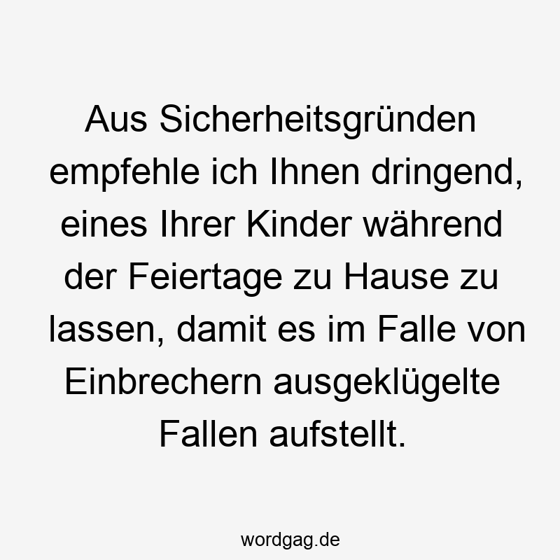 Aus Sicherheitsgründen empfehle ich Ihnen dringend, eines Ihrer Kinder während der Feiertage zu Hause zu lassen, damit es im Falle von Einbrechern ausgeklügelte Fallen aufstellt.