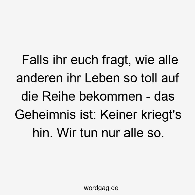 Falls ihr euch fragt, wie alle anderen ihr Leben so toll auf die Reihe bekommen – das Geheimnis ist: Keiner kriegt’s hin. Wir tun nur alle so.