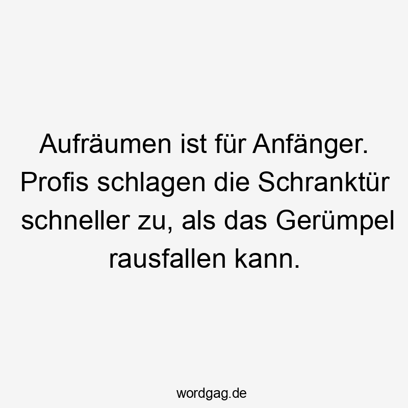 Aufräumen ist für Anfänger. Profis schlagen die Schranktür schneller zu, als das Gerümpel rausfallen kann.