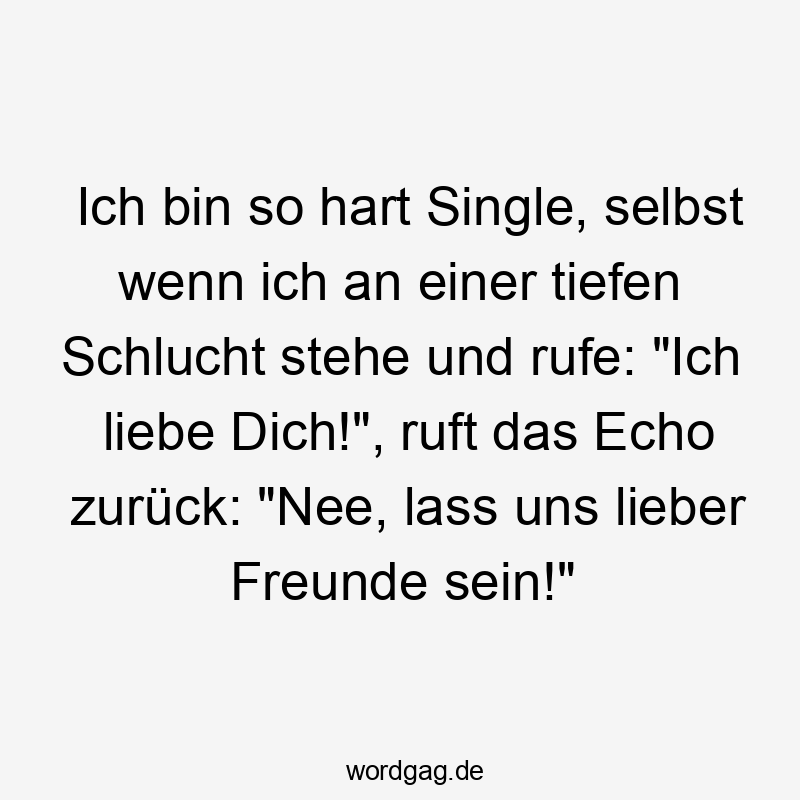 Ich bin so hart Single, selbst wenn ich an einer tiefen Schlucht stehe und rufe: „Ich liebe Dich!“, ruft das Echo zurück: „Nee, lass uns lieber Freunde sein!“