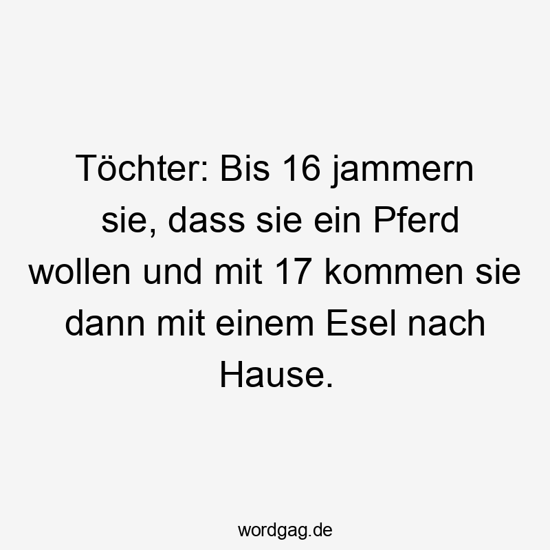 Töchter: Bis 16 jammern sie, dass sie ein Pferd wollen und mit 17 kommen sie dann mit einem Esel nach Hause.