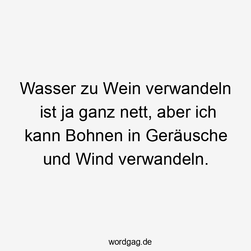 Wasser zu Wein verwandeln ist ja ganz nett, aber ich kann Bohnen in Geräusche und Wind verwandeln.