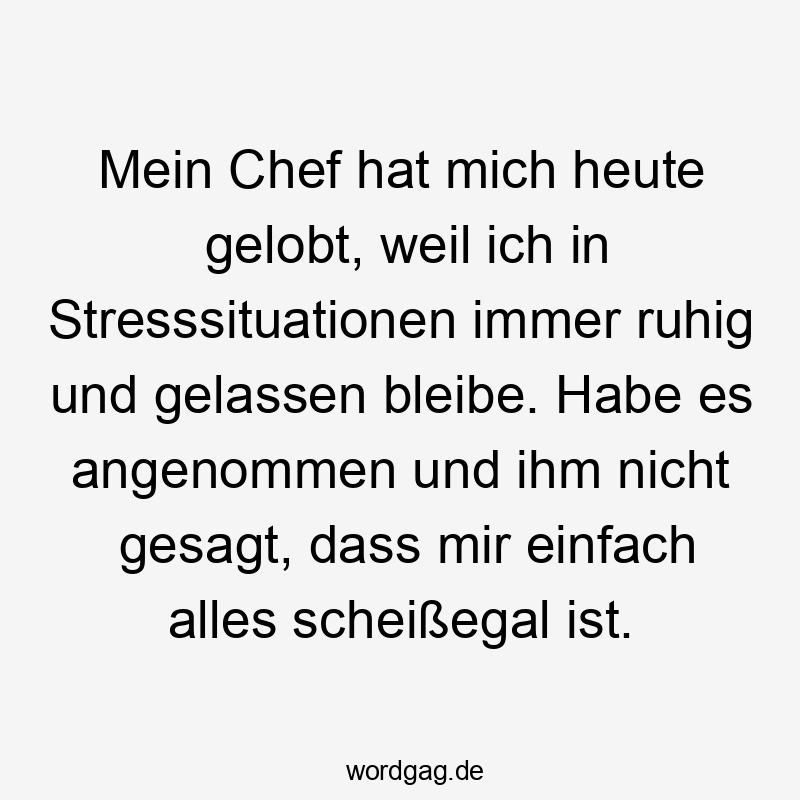 Mein Chef hat mich heute gelobt, weil ich in Stresssituationen immer ruhig und gelassen bleibe. Habe es angenommen und ihm nicht gesagt, dass mir einfach alles scheißegal ist.
