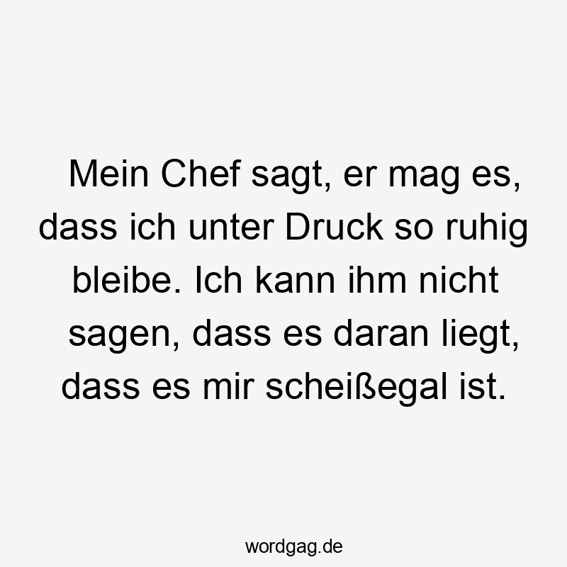 Lustige scheißegal Sprüche - Mein Chef sagt, er mag es, dass ich unter Druck so ruhig bleibe. Ich kann ihm nicht sagen, dass es daran liegt, dass es mir scheißegal ist.