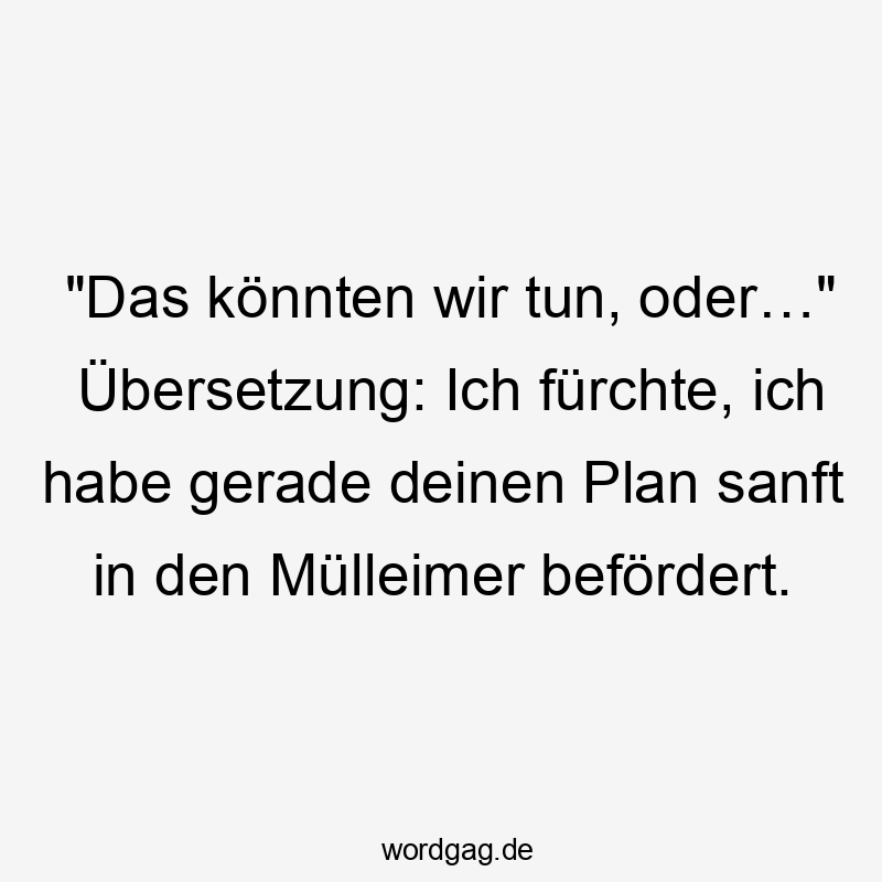 Lustige befördert Sprüche - „Das könnten wir tun, oder…“ Übersetzung: Ich fürchte, ich habe gerade deinen Plan sanft in den Mülleimer befördert.