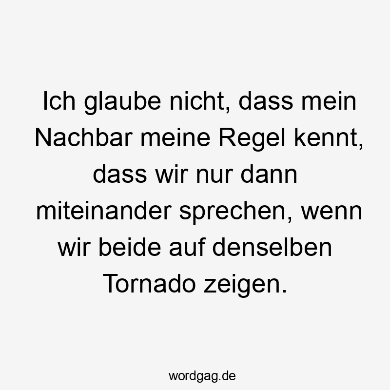 Lustige Sprüche: sprechen - Ich glaube nicht, dass mein Nachbar meine Regel kennt, dass wir nur dann miteinander sprechen, wenn wir beide auf denselben Tornado zeigen.