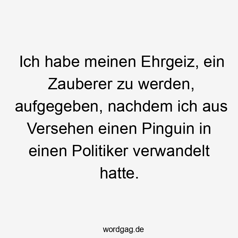Ich habe meinen Ehrgeiz, ein Zauberer zu werden, aufgegeben, nachdem ich aus Versehen einen Pinguin in einen Politiker verwandelt hatte.
