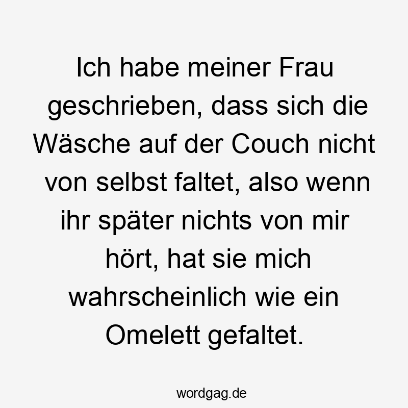 Ich habe meiner Frau geschrieben, dass sich die Wäsche auf der Couch nicht von selbst faltet, also wenn ihr später nichts von mir hört, hat sie mich wahrscheinlich wie ein Omelett gefaltet.