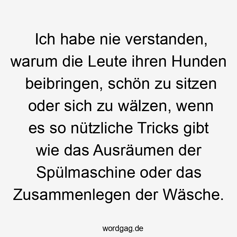 Ich habe nie verstanden, warum die Leute ihren Hunden beibringen, schön zu sitzen oder sich zu wälzen, wenn es so nützliche Tricks gibt wie das Ausräumen der Spülmaschine oder das Zusammenlegen der Wäsche.