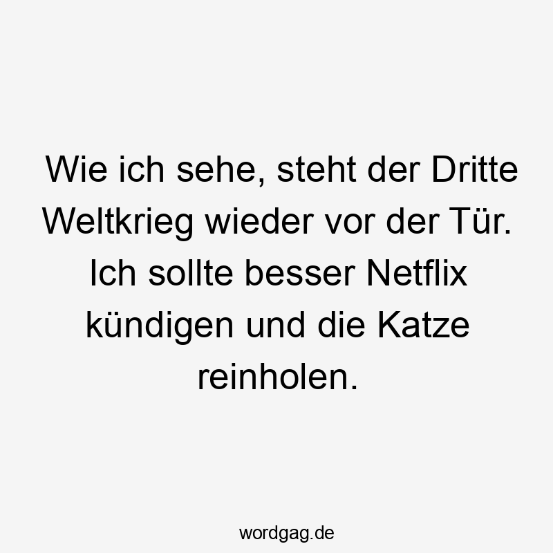 Wie ich sehe, steht der Dritte Weltkrieg wieder vor der Tür. Ich sollte besser Netflix kündigen und die Katze reinholen.