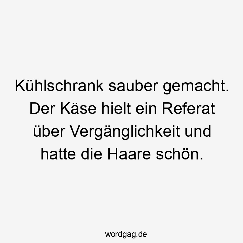 Kühlschrank sauber gemacht. Der Käse hielt ein Referat über Vergänglichkeit und hatte die Haare schön.