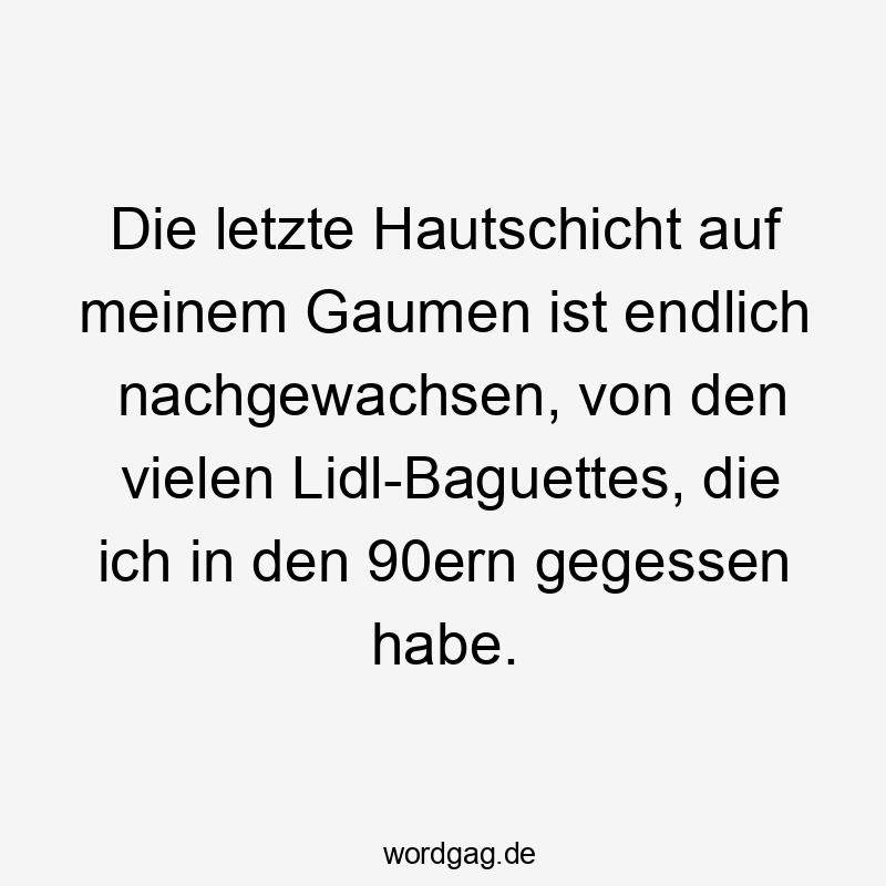 Lustige Baguettes Sprüche - Die letzte Hautschicht auf meinem Gaumen ist endlich nachgewachsen, von den vielen Lidl-Baguettes, die ich in den 90ern gegessen habe.
