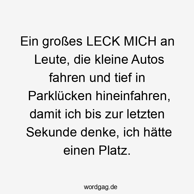 Ein großes LECK MICH an Leute, die kleine Autos fahren und tief in Parklücken hineinfahren, damit ich bis zur letzten Sekunde denke, ich hätte einen Platz.