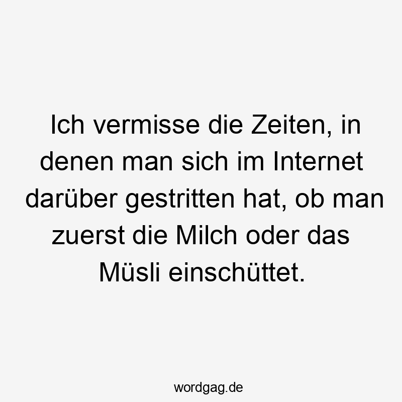 Lustige Sprüche: Streit - Ich vermisse die Zeiten, in denen man sich im Internet darüber gestritten hat, ob man zuerst die Milch oder das Müsli einschüttet.