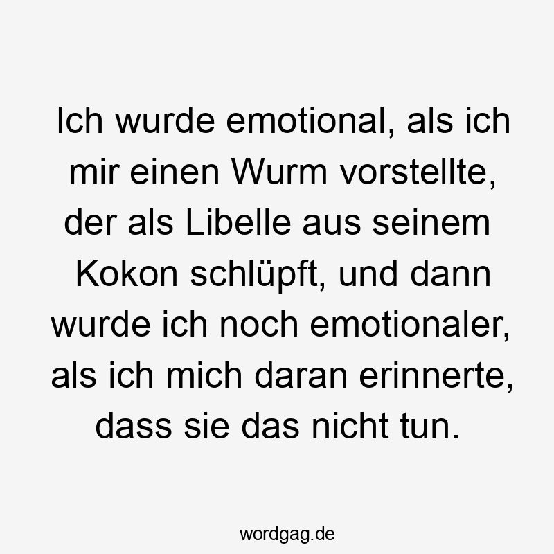 Lustige Sprüche: Natur - Ich wurde emotional, als ich mir einen Wurm vorstellte, der als Libelle aus seinem Kokon schlüpft, und dann wurde ich noch emotionaler, als ich mich daran erinnerte, dass sie das nicht tun.