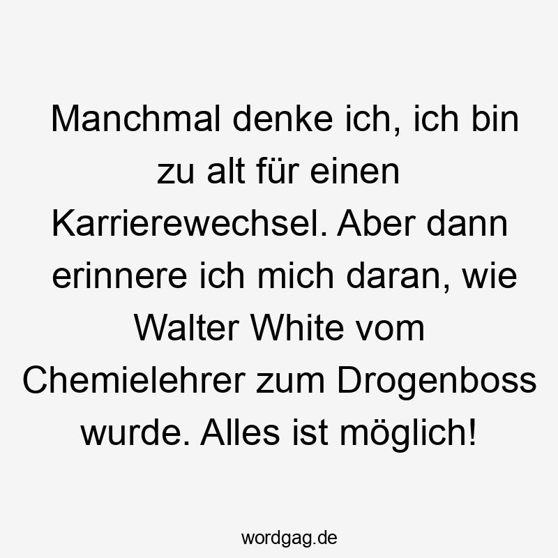 Manchmal denke ich, ich bin zu alt für einen Karrierewechsel. Aber dann erinnere ich mich daran, wie Walter White vom Chemielehrer zum Drogenboss wurde. Alles ist möglich!