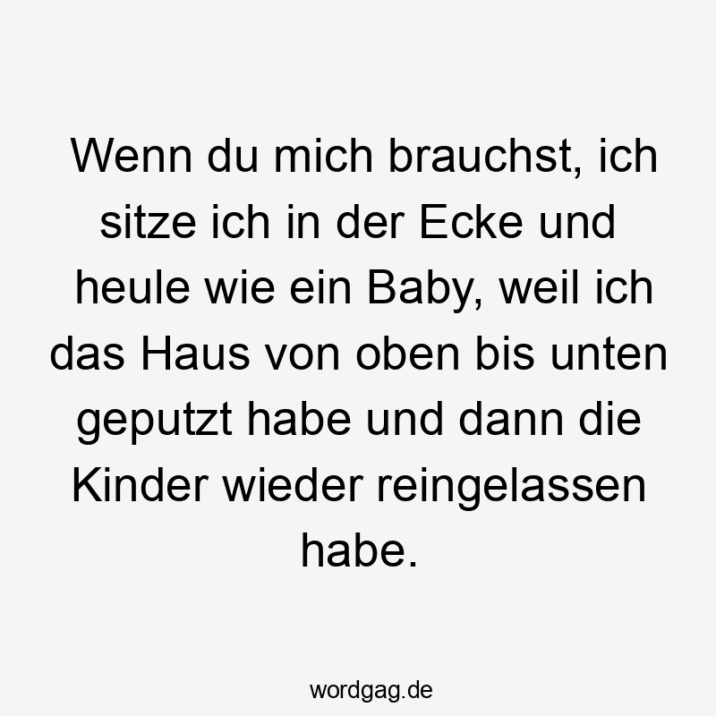 Wenn du mich brauchst, ich sitze ich in der Ecke und heule wie ein Baby, weil ich das Haus von oben bis unten geputzt habe und dann die Kinder wieder reingelassen habe.