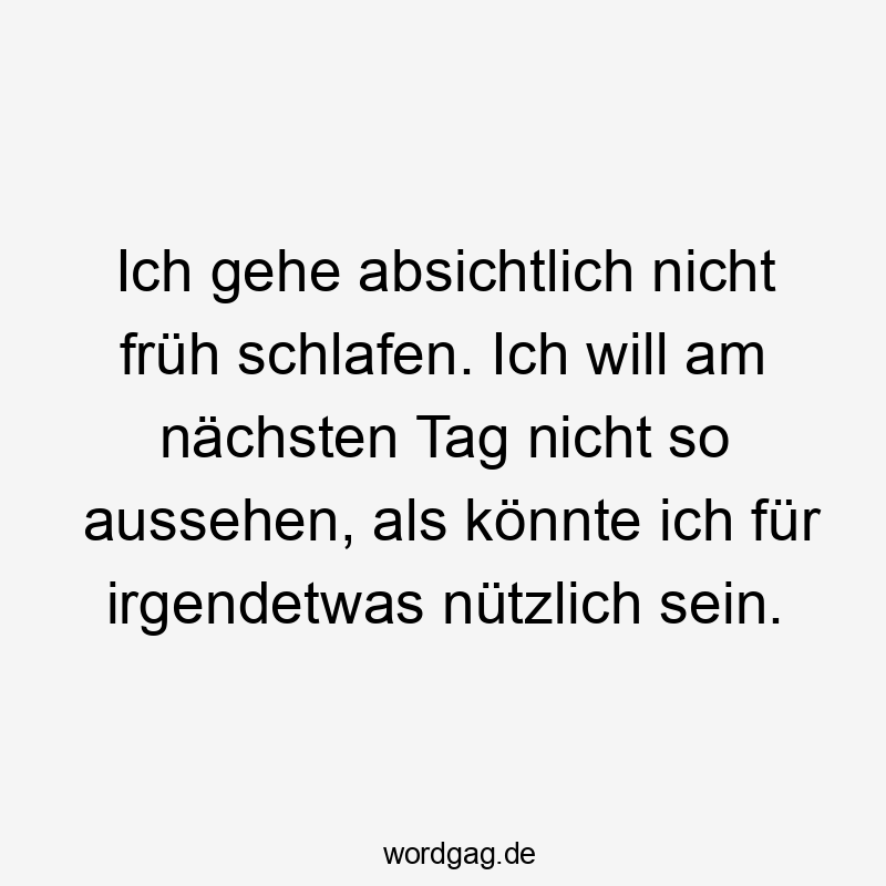 Lustige Sprüche: nützlich - Ich gehe absichtlich nicht früh schlafen. Ich will am nächsten Tag nicht so aussehen, als könnte ich für irgendetwas nützlich sein.
