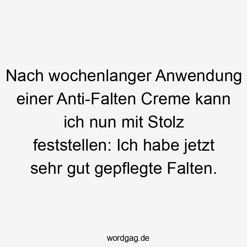Lustige Sprüche: Stolz - Nach wochenlanger Anwendung einer Anti-Falten Creme kann ich nun mit Stolz feststellen: Ich habe jetzt sehr gut gepflegte Falten.
