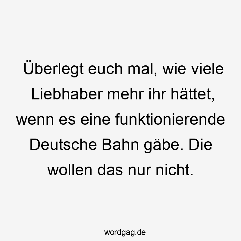 Überlegt euch mal, wie viele Liebhaber mehr ihr hättet, wenn es eine funktionierende Deutsche Bahn gäbe. Die wollen das nur nicht.