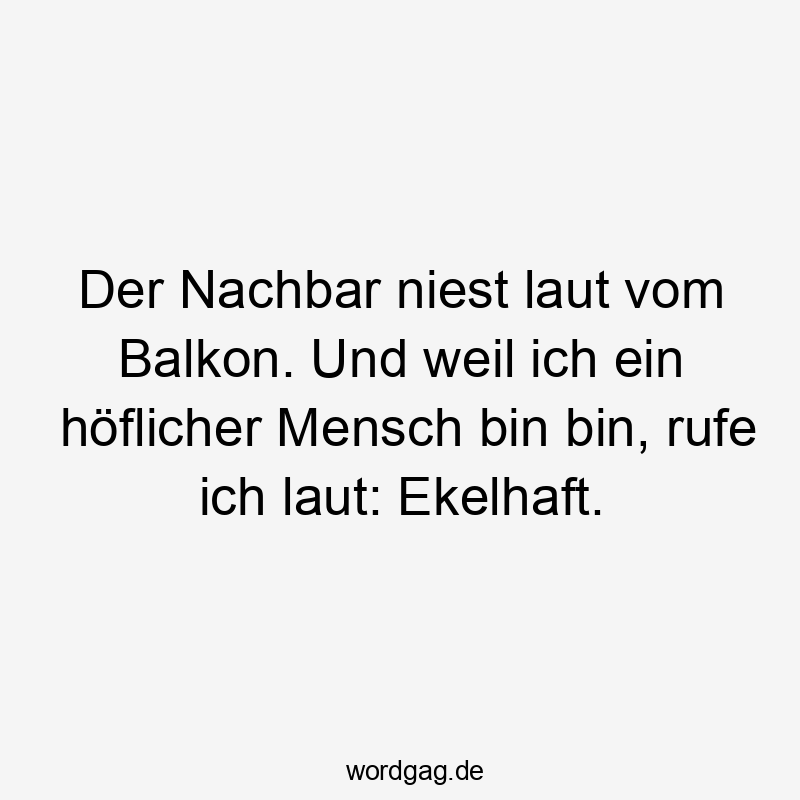 Lustige Sprüche: Balkon - Der Nachbar niest laut vom Balkon. Und weil ich ein höflicher Mensch bin bin, rufe ich laut: Ekelhaft.