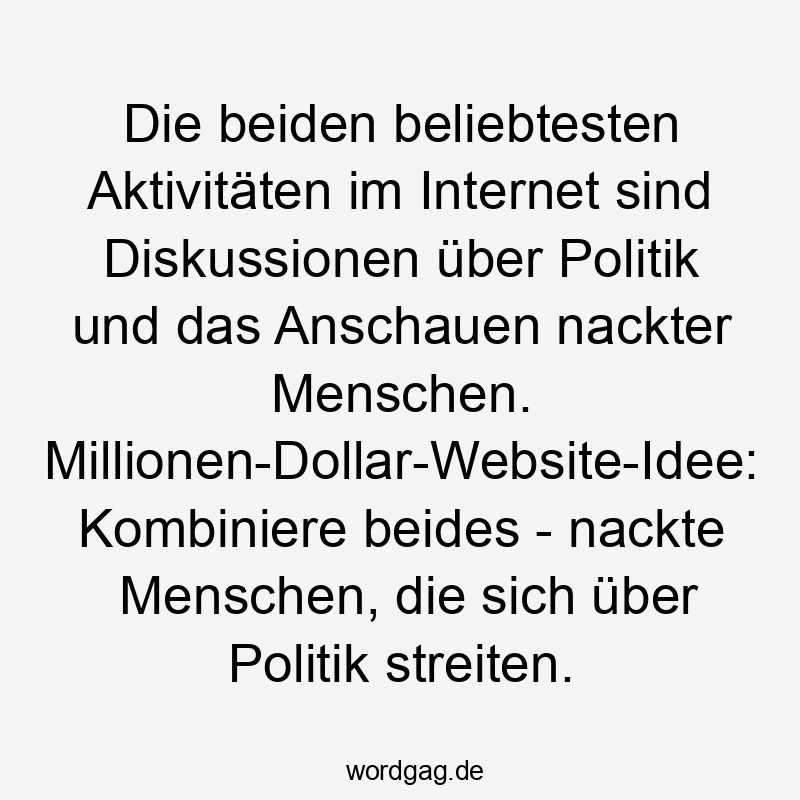 Die beiden beliebtesten Aktivitäten im Internet sind Diskussionen über Politik und das Anschauen nackter Menschen. Millionen-Dollar-Website-Idee: Kombiniere beides – nackte Menschen, die sich über Politik streiten.