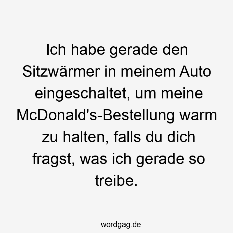 Ich habe gerade den Sitzwärmer in meinem Auto eingeschaltet, um meine McDonald’s-Bestellung warm zu halten, falls du dich fragst, was ich gerade so treibe.
