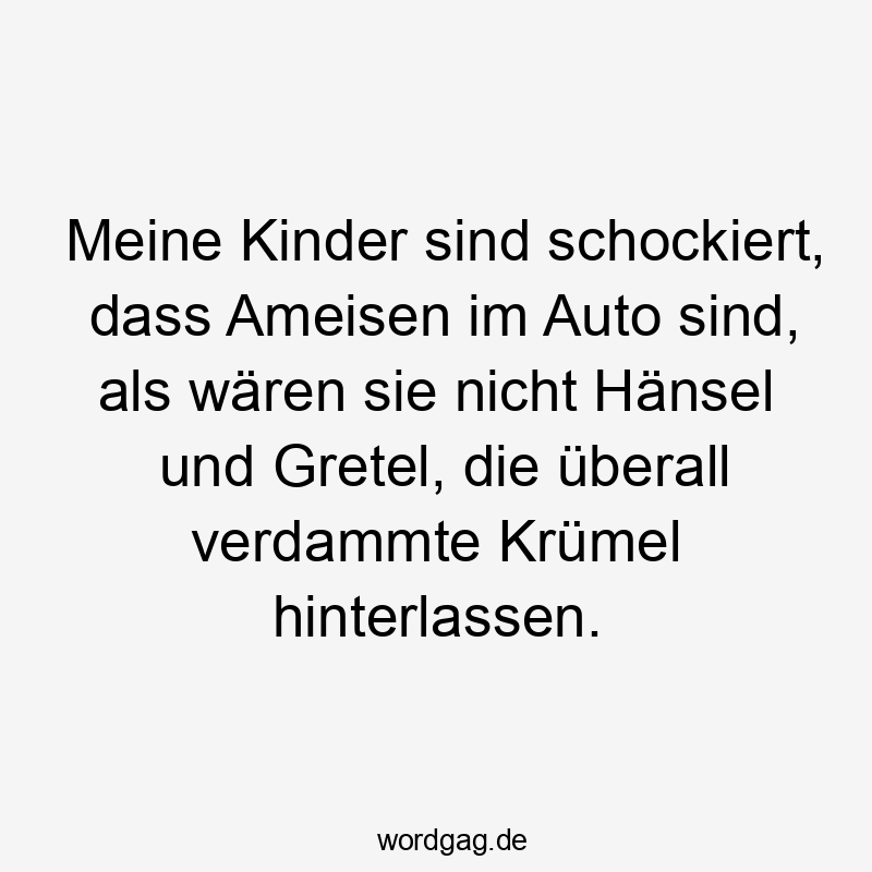 Meine Kinder sind schockiert, dass Ameisen im Auto sind, als wären sie nicht Hänsel und Gretel, die überall verdammte Krümel hinterlassen.