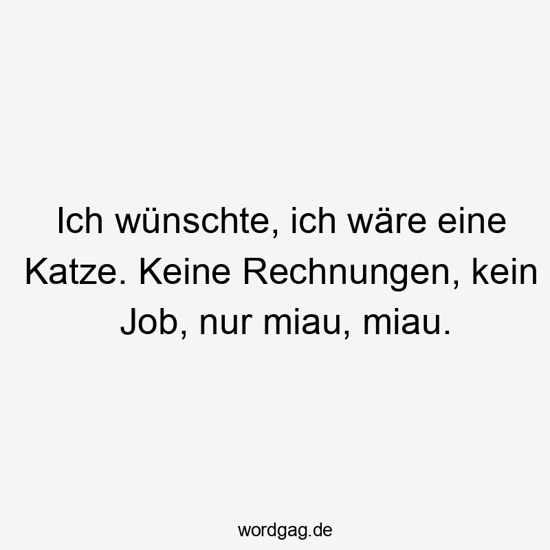 Lustige Sprüche: Miau - Ich wünschte, ich wäre eine Katze. Keine Rechnungen, kein Job, nur miau, miau.