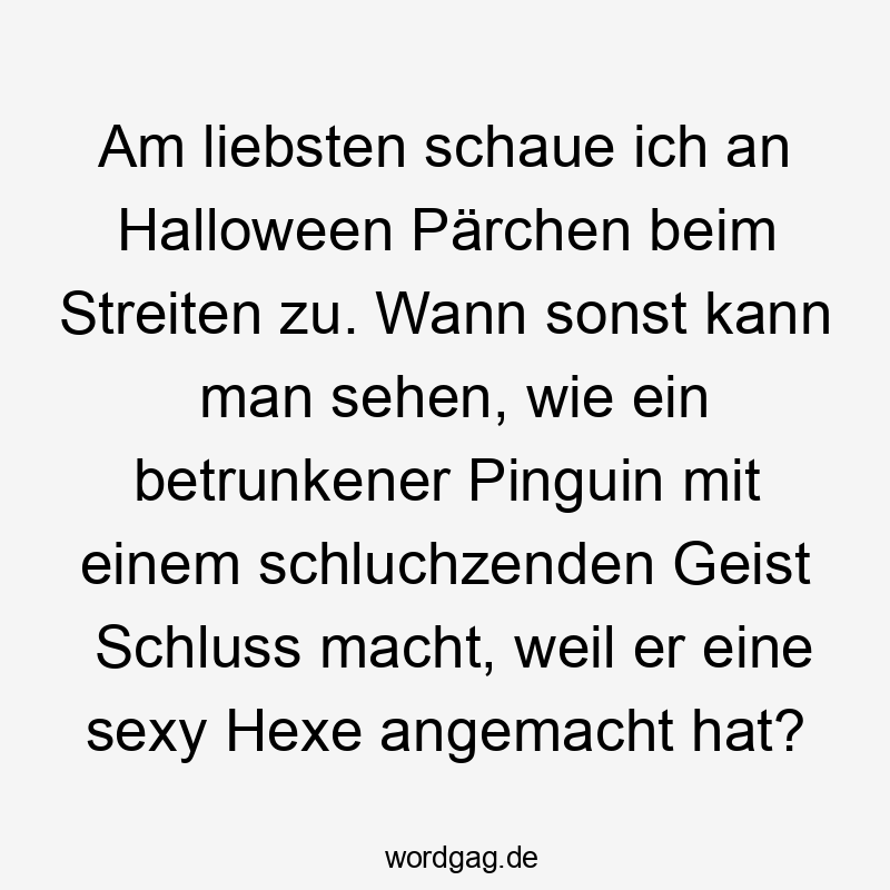 Lustige Sprüche: Streit - Am liebsten schaue ich an Halloween Pärchen beim Streiten zu. Wann sonst kann man sehen, wie ein betrunkener Pinguin mit einem schluchzenden Geist Schluss macht, weil er eine sexy Hexe angemacht hat?