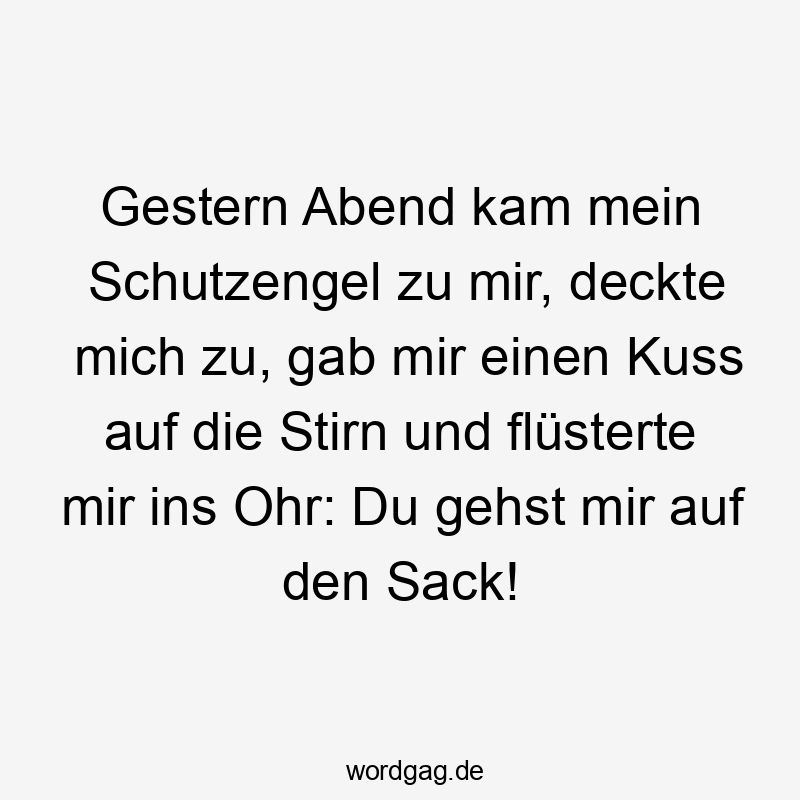 Gestern Abend kam mein Schutzengel zu mir, deckte mich zu, gab mir einen Kuss auf die Stirn und flüsterte mir ins Ohr: Du gehst mir auf den Sack!