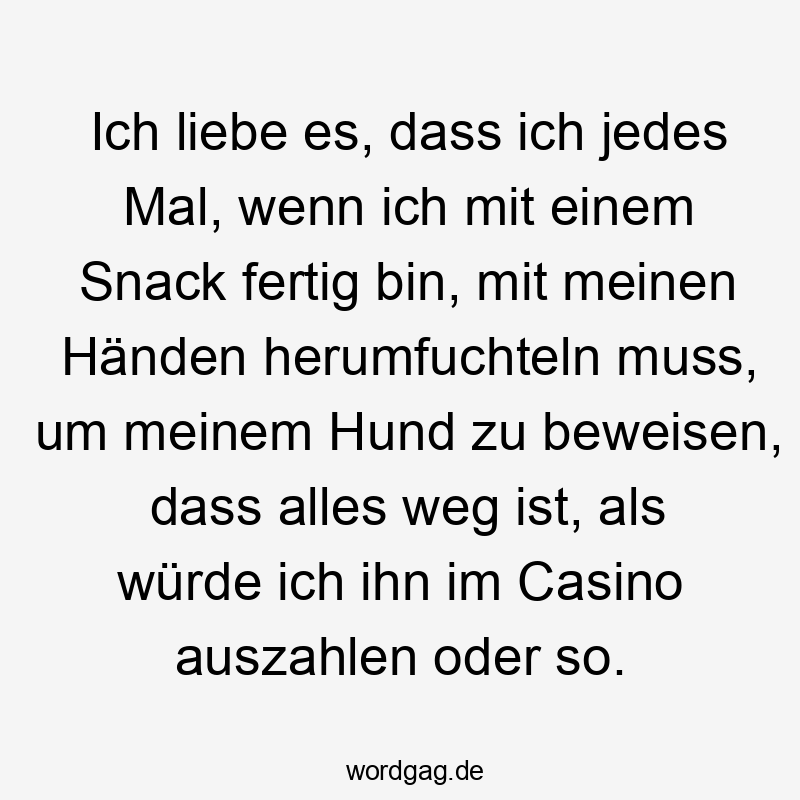 Ich liebe es, dass ich jedes Mal, wenn ich mit einem Snack fertig bin, mit meinen Händen herumfuchteln muss, um meinem Hund zu beweisen, dass alles weg ist, als würde ich ihn im Casino auszahlen oder so.