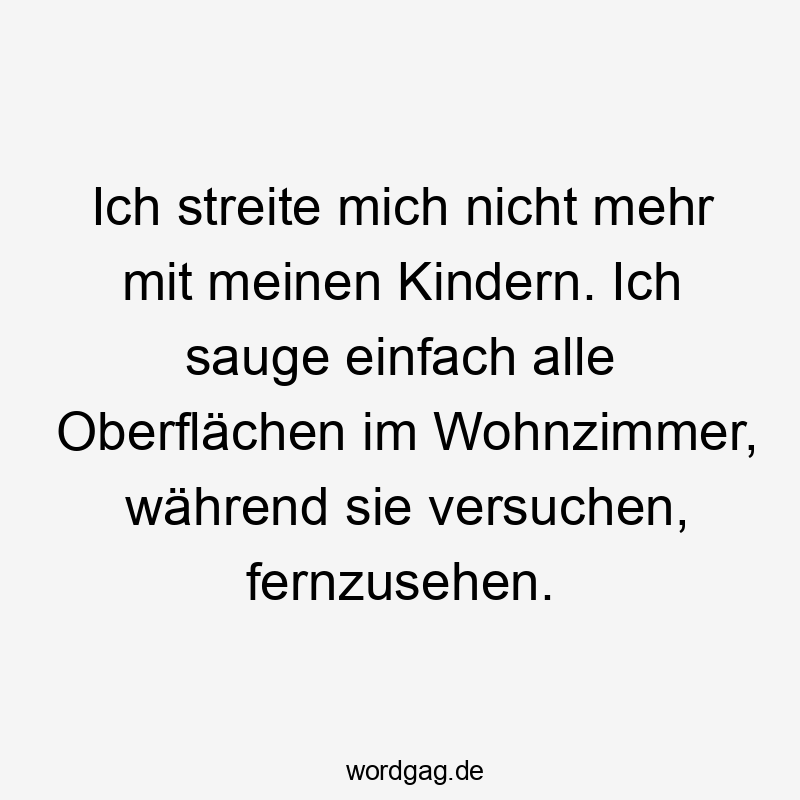 Lustige Sprüche: Streit - Ich streite mich nicht mehr mit meinen Kindern. Ich sauge einfach alle Oberflächen im Wohnzimmer, während sie versuchen, fernzusehen.