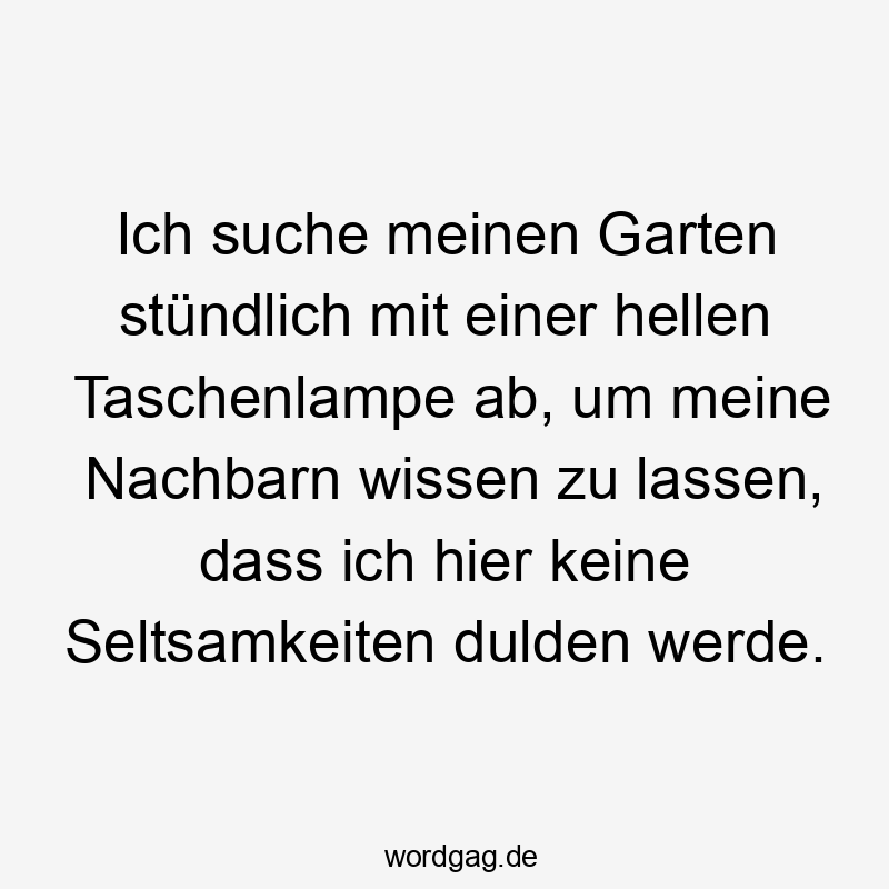Ich suche meinen Garten stündlich mit einer hellen Taschenlampe ab, um meine Nachbarn wissen zu lassen, dass ich hier keine Seltsamkeiten dulden werde.