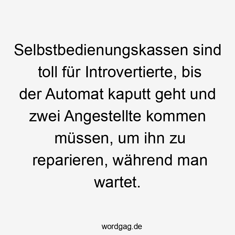 Selbstbedienungskassen sind toll für Introvertierte, bis der Automat kaputt geht und zwei Angestellte kommen müssen, um ihn zu reparieren, während man wartet.