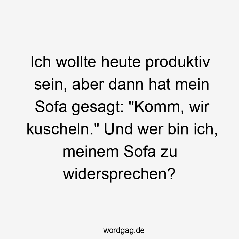 Ich wollte heute produktiv sein, aber dann hat mein Sofa gesagt: "Komm, wir kuscheln." Und wer bin ich, meinem Sofa zu widersprechen?