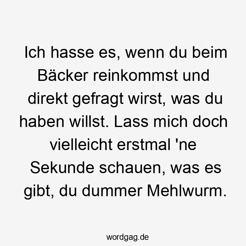 Lustige Sprüche: direkt - Ich hasse es, wenn du beim Bäcker reinkommst und direkt gefragt wirst, was du haben willst. Lass mich doch vielleicht erstmal ’ne Sekunde schauen, was es gibt, du dummer Mehlwurm.