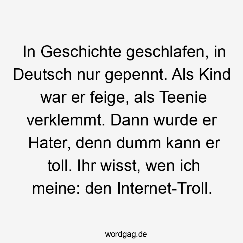 In Geschichte geschlafen, in Deutsch nur gepennt. Als Kind war er feige, als Teenie verklemmt. Dann wurde er Hater, denn dumm kann er toll. Ihr wisst, wen ich meine: den Internet-Troll.