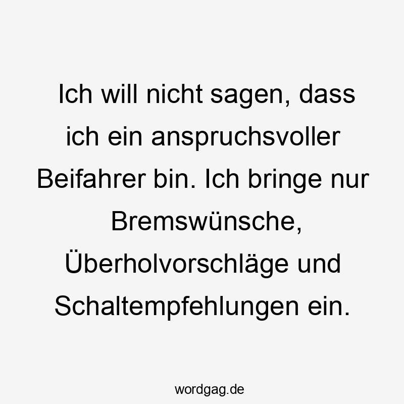 Ich will nicht sagen, dass ich ein anspruchsvoller Beifahrer bin. Ich bringe nur Bremswünsche, Überholvorschläge und Schaltempfehlungen ein.