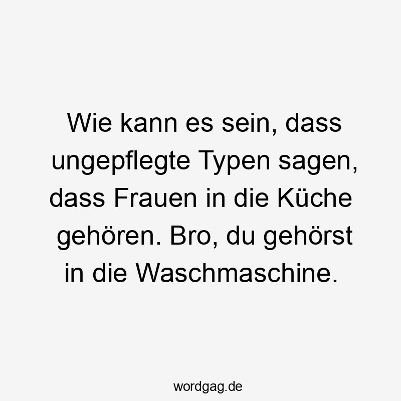 Wie kann es sein, dass ungepflegte Typen sagen, dass Frauen in die Küche gehören. Bro, du gehörst in die Waschmaschine.