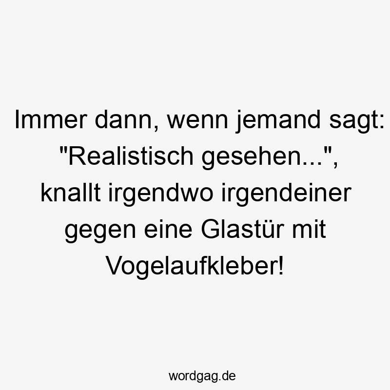Lustige realistisch Sprüche - Immer dann, wenn jemand sagt: „Realistisch gesehen…“, knallt irgendwo irgendeiner gegen eine Glastür mit Vogelaufkleber!