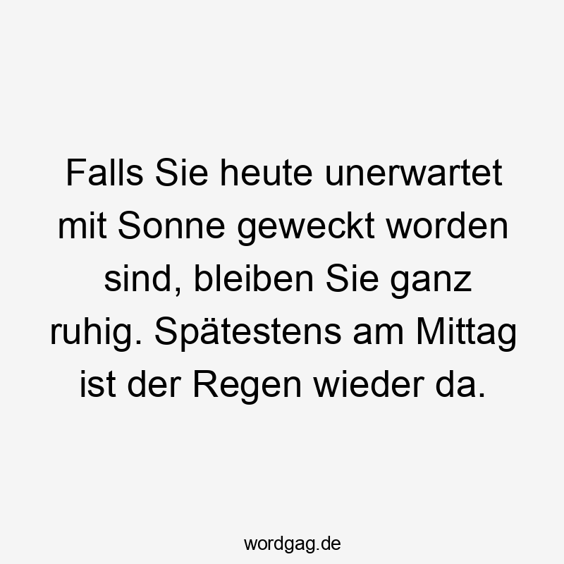 Lustige Sprüche: Morgen - Falls Sie heute unerwartet mit Sonne geweckt worden sind, bleiben Sie ganz ruhig. Spätestens am Mittag ist der Regen wieder da.