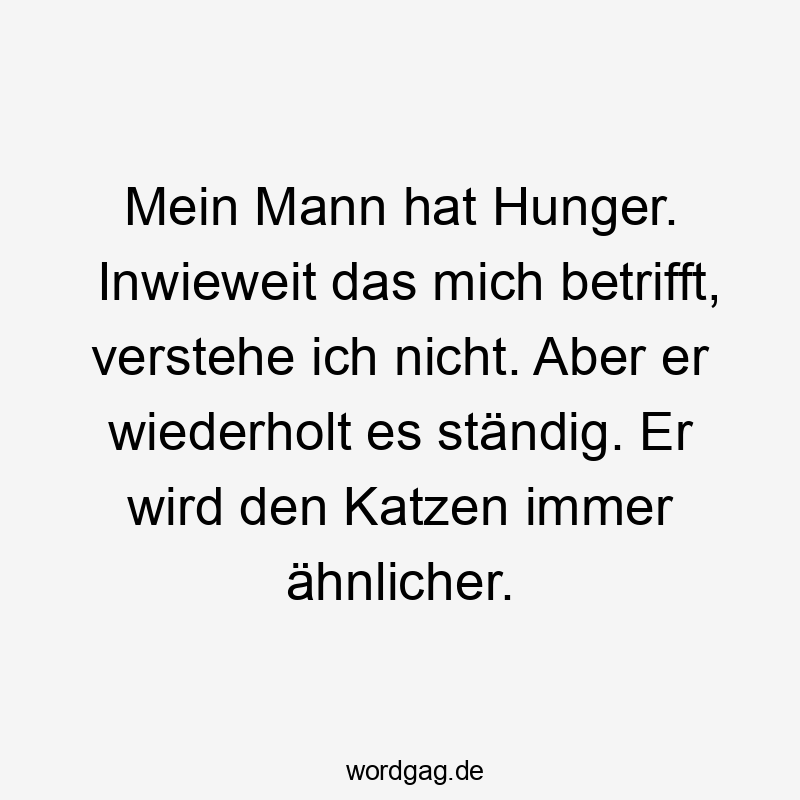 Mein Mann hat Hunger. Inwieweit das mich betrifft, verstehe ich nicht. Aber er wiederholt es ständig. Er wird den Katzen immer ähnlicher.