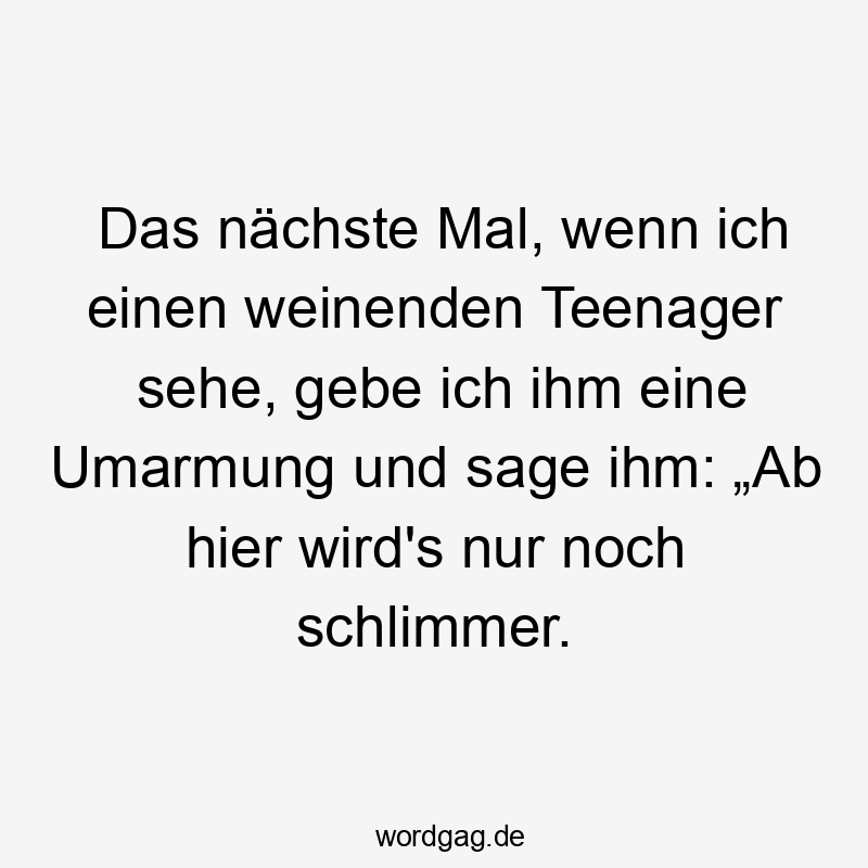 Lustige Pubertät Sprüche - Das nächste Mal, wenn ich einen weinenden Teenager sehe, gebe ich ihm eine Umarmung und sage ihm: „Ab hier wird’s nur noch schlimmer.