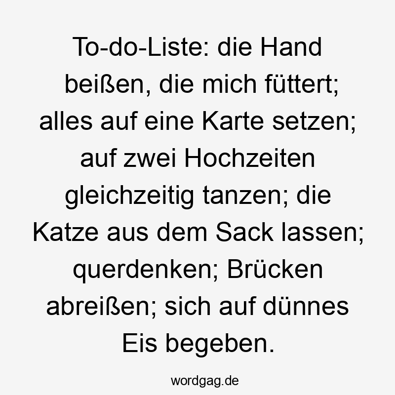 To-do-Liste: die Hand beißen, die mich füttert; alles auf eine Karte setzen; auf zwei Hochzeiten gleichzeitig tanzen; die Katze aus dem Sack lassen; querdenken; Brücken abreißen; sich auf dünnes Eis begeben.