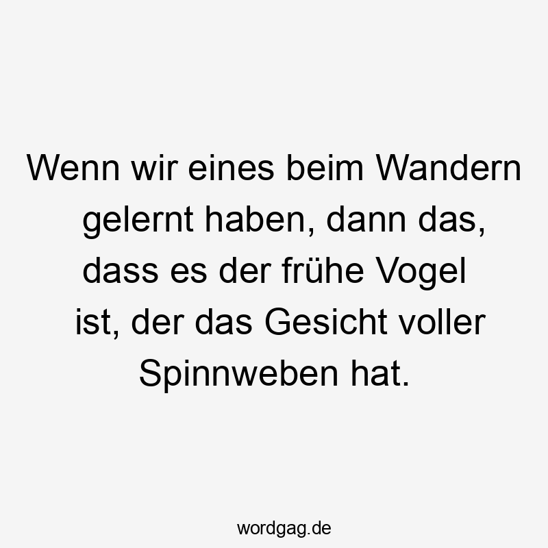 Lustige Spinnweben Sprüche - Wenn wir eines beim Wandern gelernt haben, dann das, dass es der frühe Vogel ist, der das Gesicht voller Spinnweben hat.